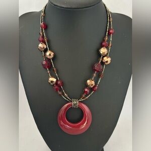 Vintage Lia Sophia bronze and red beaded necklace with red donut pendant